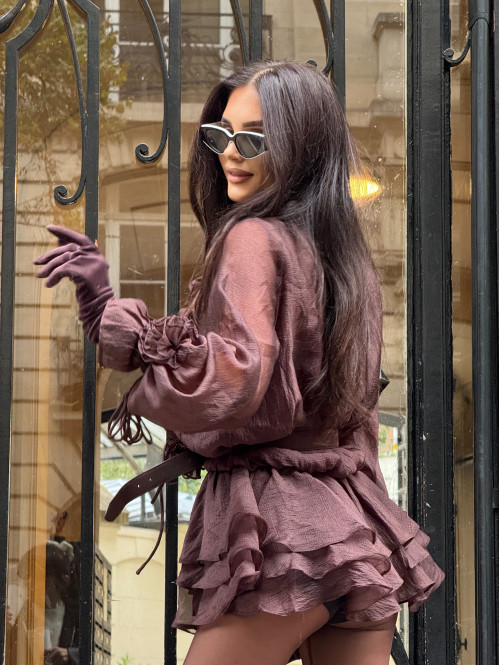 Sukienka z wiązaniem, różami i falbanami + spodenki czekoladowa ROSALINE 09 - photo #23