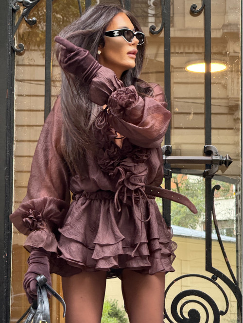 Sukienka z wiązaniem, różami i falbanami + spodenki czekoladowa ROSALINE 09 - photo #25