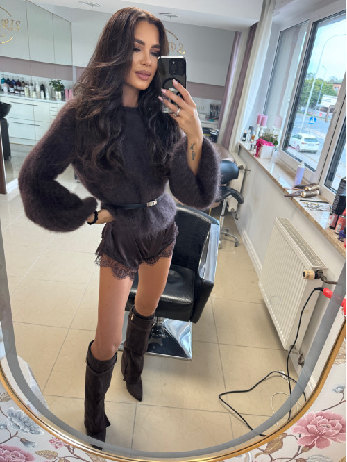 Ciemno czekoladowy Sweter moherowy z poszerzanymi rękawami WALENCJA 52 - photo #16