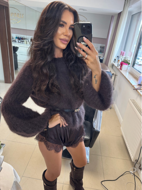 Ciemno czekoladowy Sweter moherowy z poszerzanymi rękawami WALENCJA 52