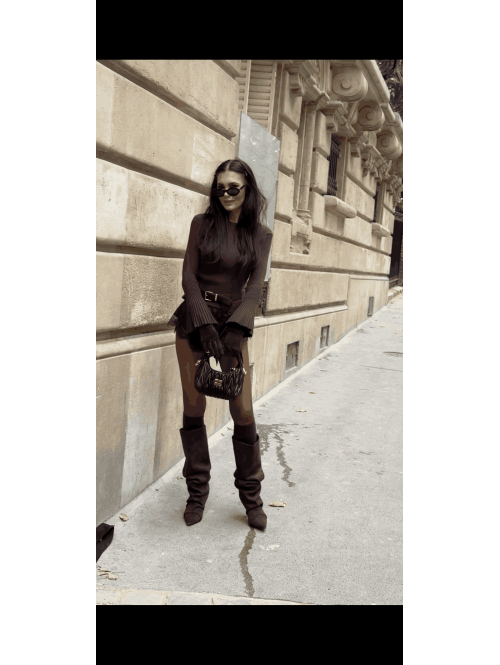 Bluzka prążkowana z poszerzanymi rękawami brązowa FLAVIA 09 - photo #14