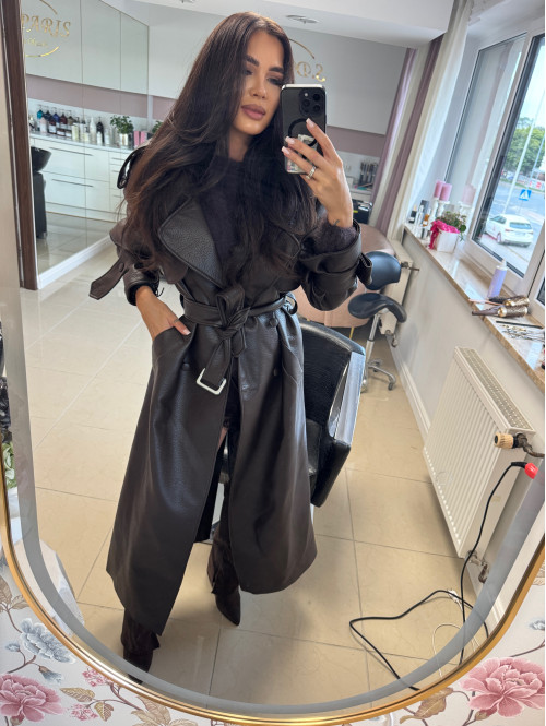 Czekoladowy płaszcz długi skórzany z paskiem OLEK 25 - photo #23