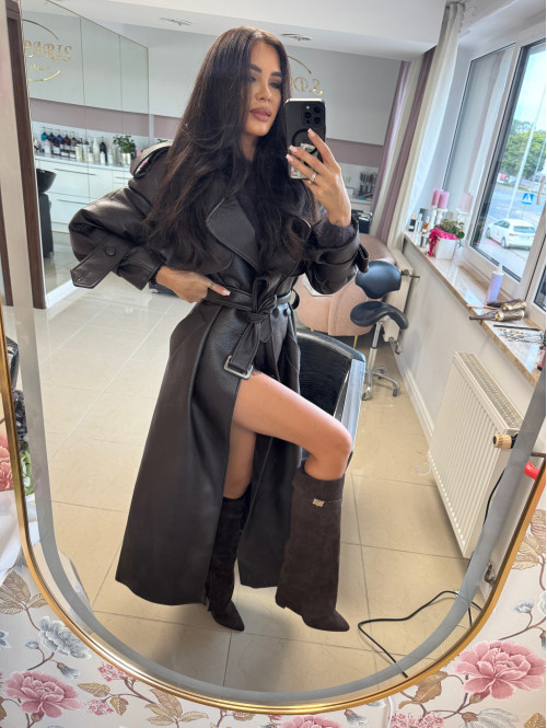 Czekoladowy płaszcz długi skórzany z paskiem OLEK 25 - photo #24