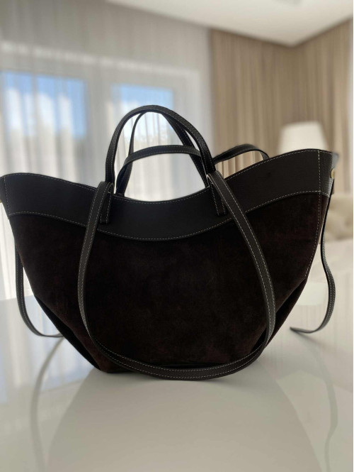 Czekoladowa torebka duża zamszowa ze wstawkami skórzanymi LEATHER - photo #32