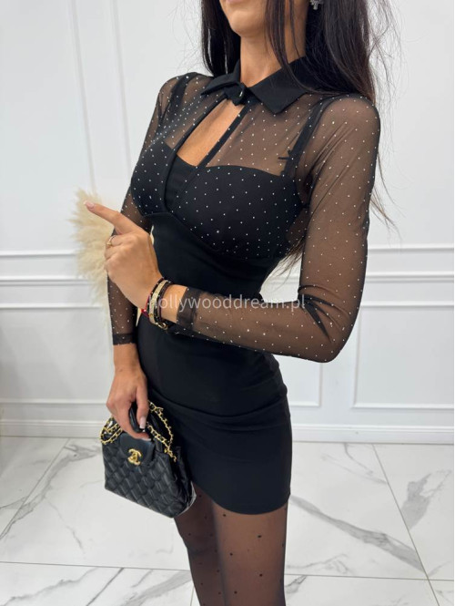 Sukienka z siateczkową górą z cekinami i kołnierzem DOROTA czarna 17 Sukienka z siateczkową górą z cekinami i kołnierzem DOROTA czarna 17 - photo #24