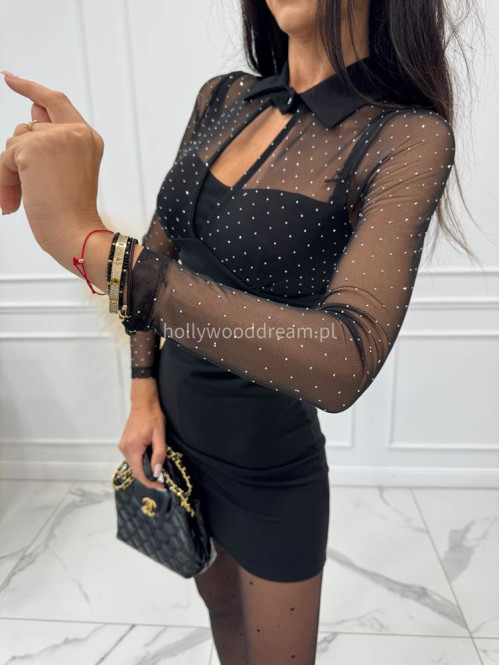 Sukienka z siateczkową górą z cekinami i kołnierzem DOROTA czarna 17 Sukienka z siateczkową górą z cekinami i kołnierzem DOROTA czarna 17 - photo #25