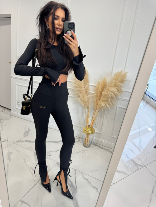 Czarny komplet prążkowany bluzka + legginsy z wiązaniami Milan 173