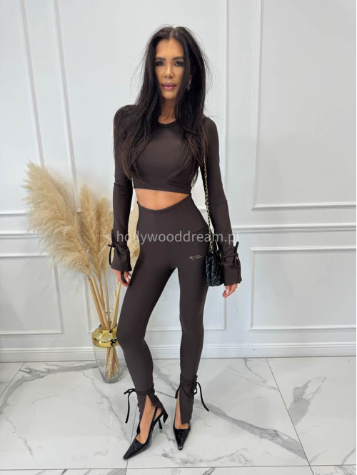 Czekoladowy komplet prążkowany bluzka + legginsy z wiązaniami Milan 173 - photo #4