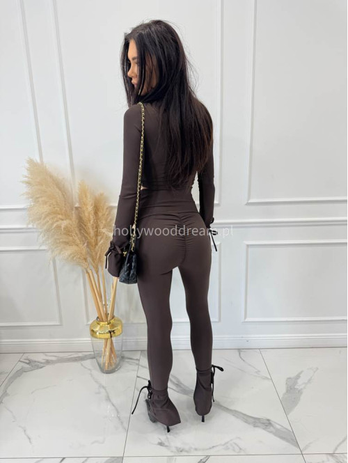 Czekoladowy komplet prążkowany bluzka + legginsy z wiązaniami Milan 173 - photo #5