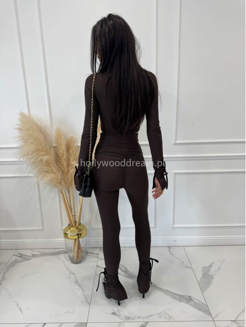 Czekoladowy komplet prążkowany bluzka + legginsy z wiązaniami Milan 173 - photo #6