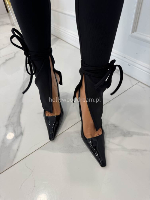 Czarny komplet prążkowany bluzka + legginsy z wiązaniami Milan 173 - photo #12