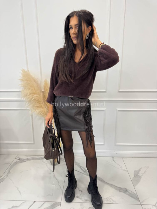 Czekoladowy sweter pluszowy oversize z dekoltem V WARM 17 - photo #1