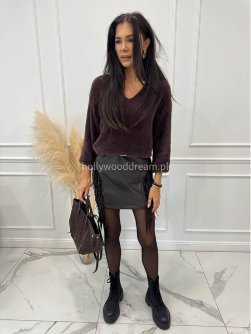 Czekoladowy sweter pluszowy oversize z dekoltem V WARM 17 - photo #2