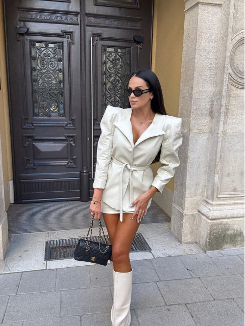 Kremowa marynarka skórzana z bufiastymi ramionami Izabela 25 - photo #7