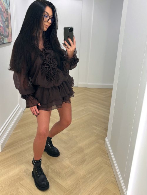 Sukienka z wiązaniem, różami i falbanami + spodenki czekoladowa ROSALINE 09 - photo #26