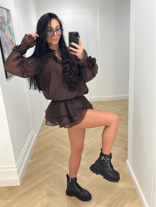 Sukienka z wiązaniem, różami i falbanami + spodenki czekoladowa ROSALINE 09 - photo #28