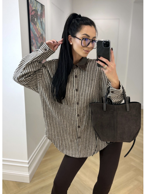 Czekoladowo-kremowa koszula w jodełkę ze skórzanym kołnierzem AMBER 09 - photo #11