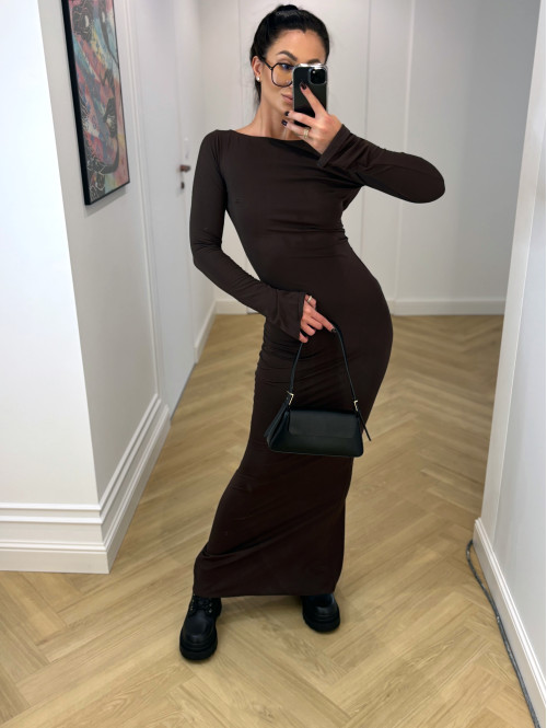 Sukienka maxi z wyciętymi plecami i długim rękawem czekoladowa SONNY 161 - photo #23