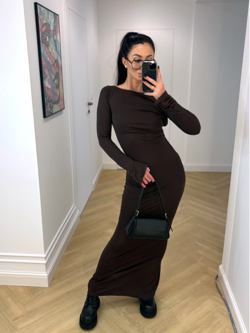 Sukienka maxi z wyciętymi plecami i długim rękawem czekoladowa SONNY 161 - photo #24