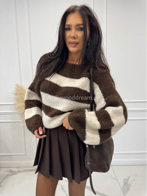 Kremowo czekoladowy Sweter oversize w paski Ksenia 06 - photo #6