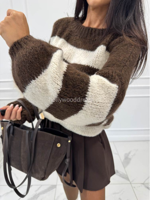 Kremowo czekoladowy Sweter oversize w paski Ksenia 06 - photo #7