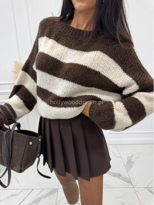 Kremowo czekoladowy Sweter oversize w paski Ksenia 06 - photo #8