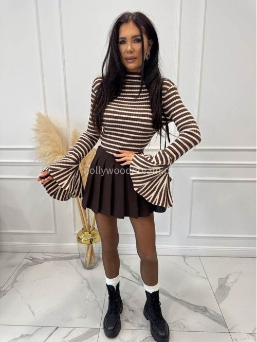Brązowo-beżowy sweter krótki z ozdobnymi rękawami w paski OLA 09 - photo #1