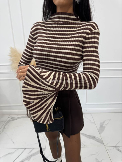 Brązowo-beżowy sweter krótki z ozdobnymi rękawami w paski OLA 09 - photo #8
