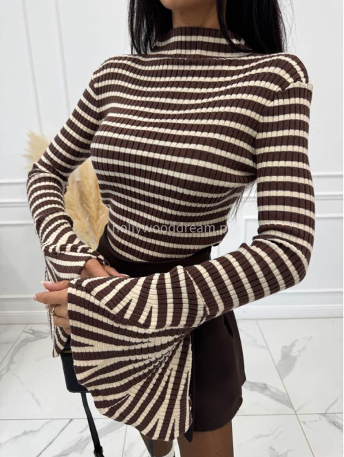 Brązowo-beżowy sweter krótki z ozdobnymi rękawami w paski OLA 09 - photo #9