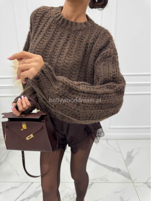 Czekoladowy sweter pleciony o kroju boxy Alanis 09 - photo #7