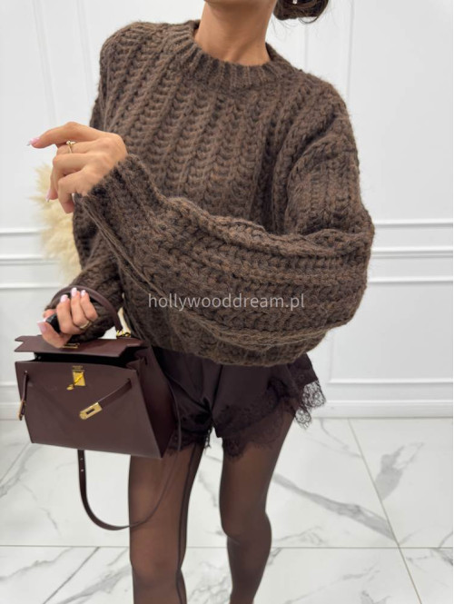 Czekoladowy sweter pleciony o kroju boxy Alanis 09 - photo #8