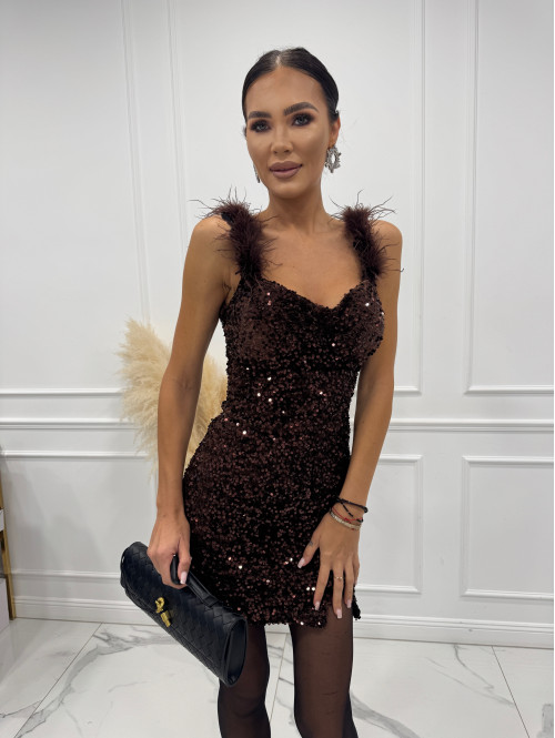 Brązowa sukienka mini cekinowa z piórami na ramiączkach Dalida 09