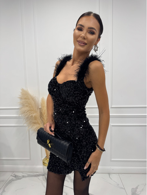 Czarna sukienka mini cekinowa z piórami na ramiączkach Dalida 09