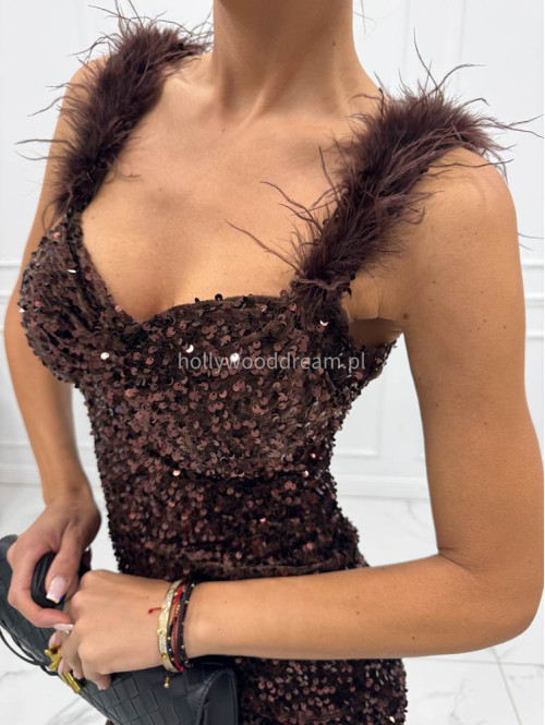 Brązowa sukienka mini cekinowa z piórami na ramiączkach Dalida 09 - photo #7