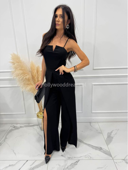 Czarny kombinezon z V na dekolcie i szerokimi nogawkami Dimi 26 - photo #3