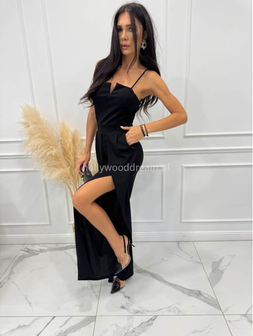 Czarny kombinezon z V na dekolcie i szerokimi nogawkami Dimi 26 - photo #4