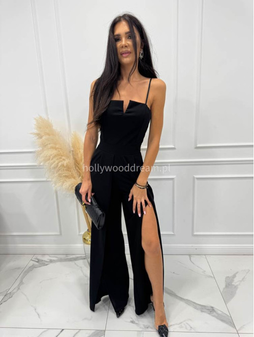 Czarny kombinezon z V na dekolcie i szerokimi nogawkami Dimi 26 - photo #5