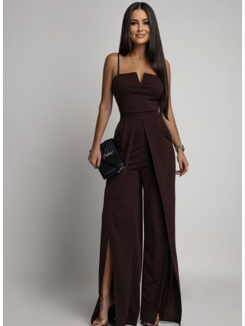 Czekoladowy kombinezon z V na dekolcie i szerokimi nogawkami Dimi 26