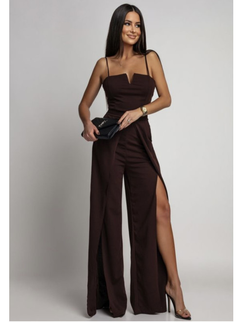 Czekoladowy kombinezon z V na dekolcie i szerokimi nogawkami Dimi 26 - photo #3