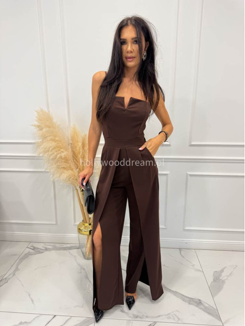 Czekoladowy kombinezon z V na dekolcie i szerokimi nogawkami Dimi 26 - photo #4