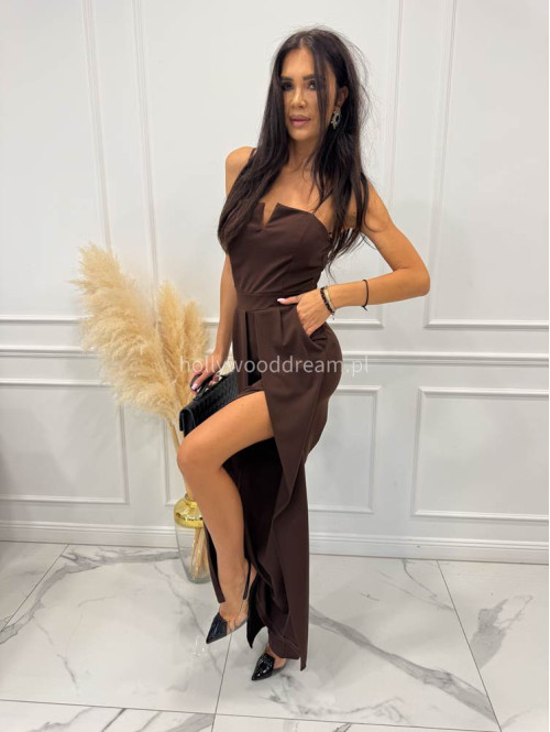 Czekoladowy kombinezon z V na dekolcie i szerokimi nogawkami Dimi 26 - photo #5