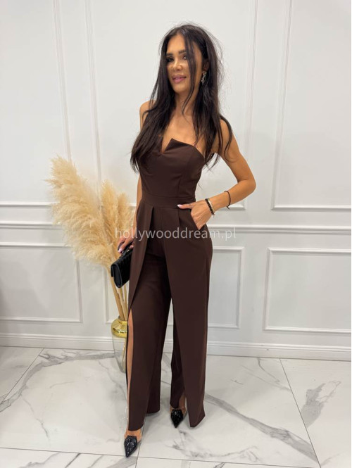 Czekoladowy kombinezon z V na dekolcie i szerokimi nogawkami Dimi 26 - photo #8