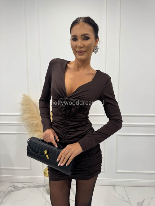 Brązowa sukienka mini z marszczeniem, różą, dekoltem V i długim rękawem EMILY 25 - photo #3