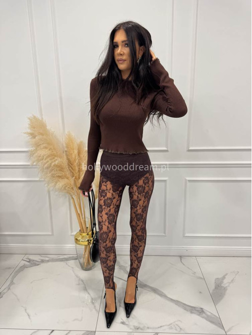 Brązowe legginsy koronkowe z zapiętką i gumką w pasie KAMIL 185 - photo #7