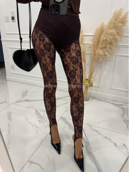 Brązowe legginsy koronkowe z zapiętką i gumką w pasie KAMIL 185 - photo #14