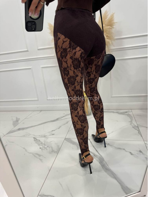 Brązowe legginsy koronkowe z zapiętką i gumką w pasie KAMIL 185 - photo #15
