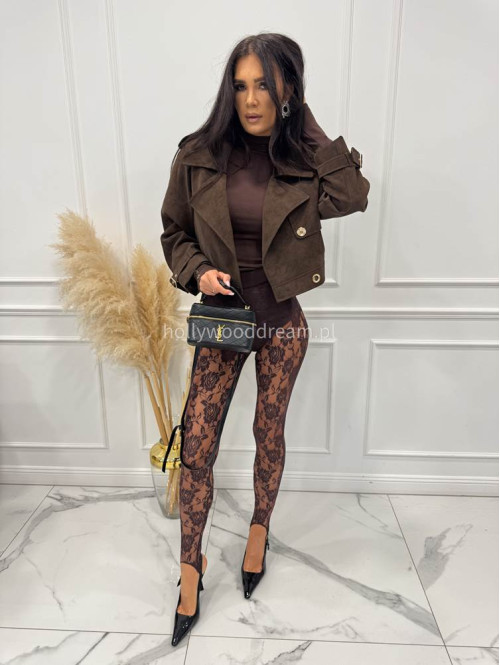 Brązowe legginsy koronkowe z zapiętką i gumką w pasie KAMIL 185 - photo #21