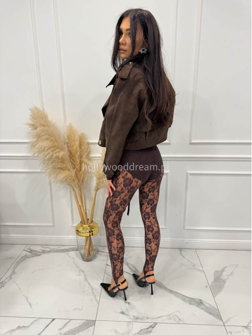 Brązowe legginsy koronkowe z zapiętką i gumką w pasie KAMIL 185 - photo #22