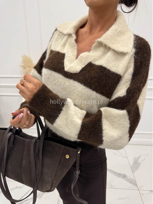 Kremowo-brązowy sweter z kołnierzem w paski ERYK 52 - photo #1
