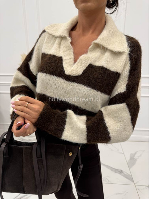Kremowo-brązowy sweter z kołnierzem w paski ERYK 52 - photo #2